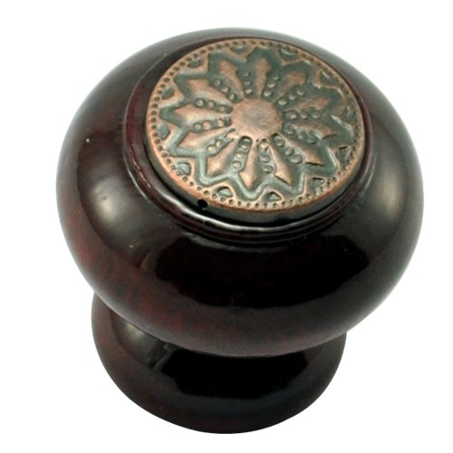 35mm Mushroom Wooden Cabinet Knob with Antique Copper Coin 